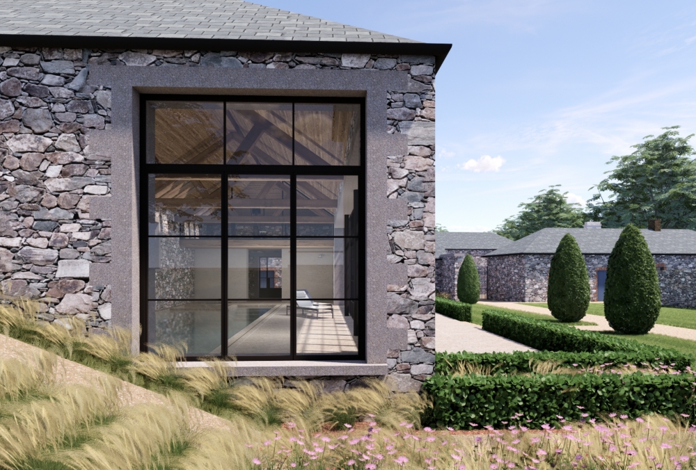 Pool house integrated between existing stone outbuildings and main house in Guernsey. Pool house integrated between existing stone outbuildings and main house in Guernsey.